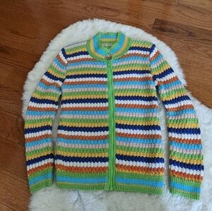 Vintage women's xs handmade knit multi colored striped zippered cardigan sweater